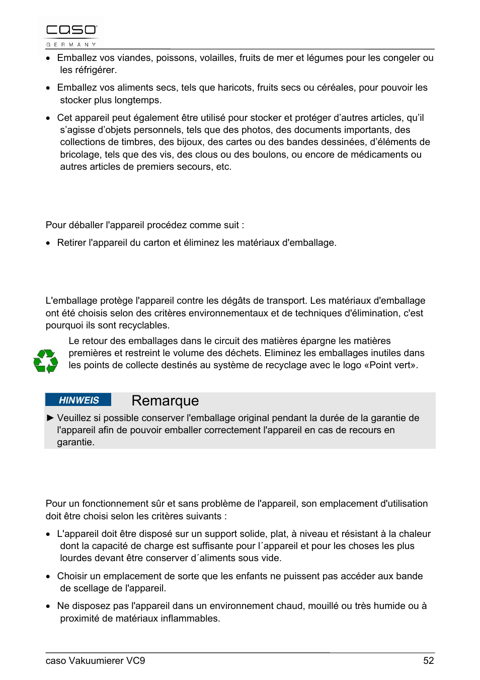 Remarque | CASO Germany VC 9 Vacuum System User Manual | Page 52 / 114