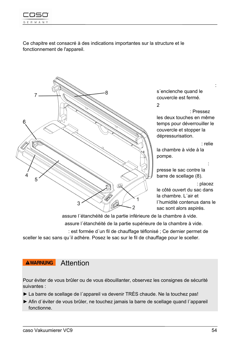 Attention, 25 structure et fonctionnement | CASO Germany VC 9 Vacuum System User Manual | Page 54 / 114