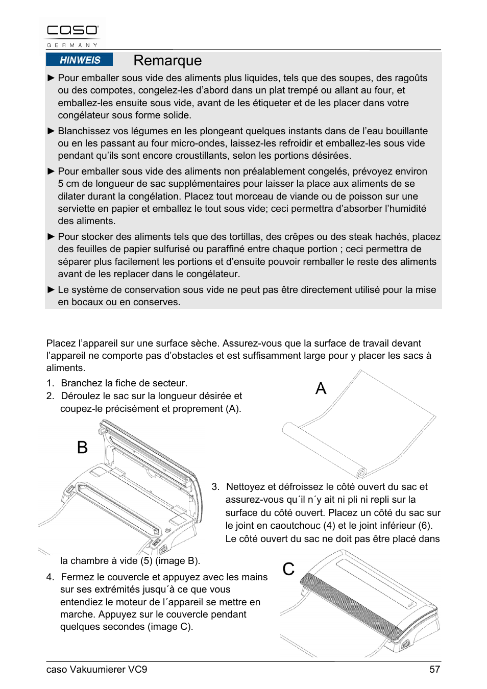 Remarque | CASO Germany VC 9 Vacuum System User Manual | Page 57 / 114