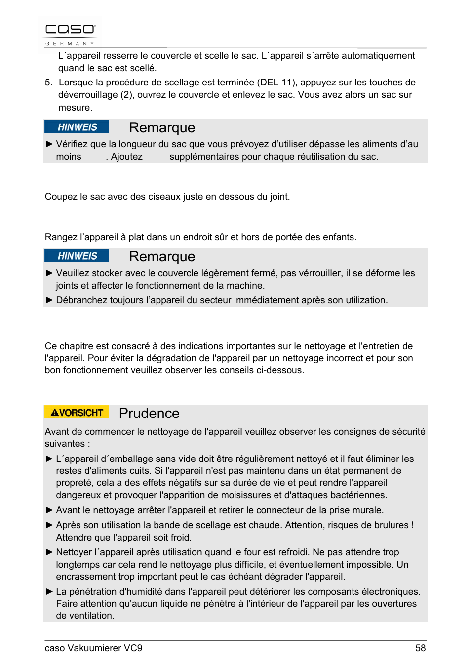 Remarque, Prudence, 27 nettoyage et entretien | CASO Germany VC 9 Vacuum System User Manual | Page 58 / 114