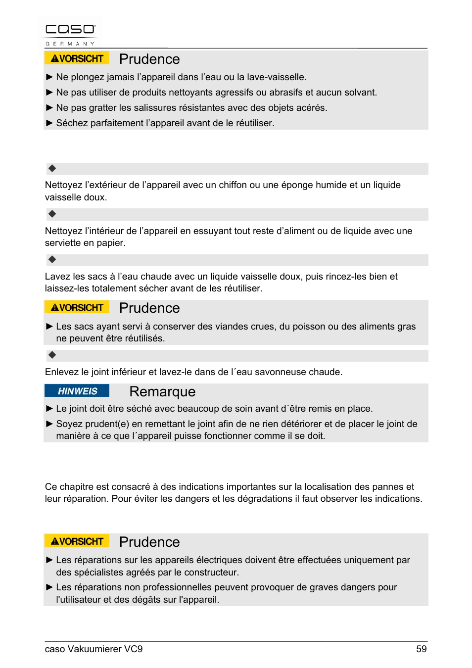 Prudence, Remarque, 28 réparation des pannes | CASO Germany VC 9 Vacuum System User Manual | Page 59 / 114