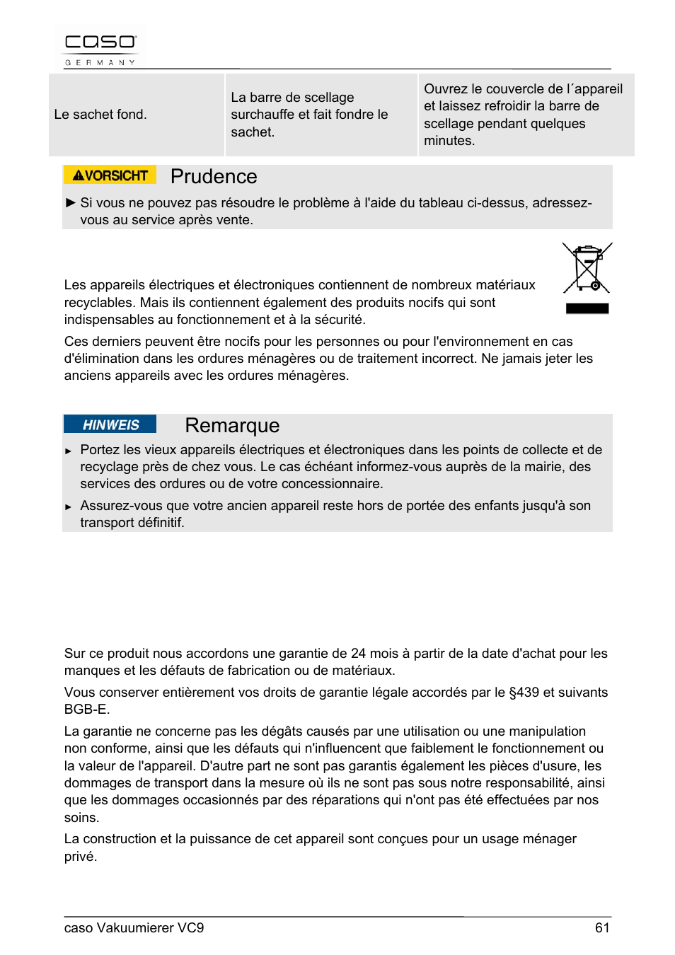 Prudence, Remarque, 29 elimination des appareils usés | 30 garantie | CASO Germany VC 9 Vacuum System User Manual | Page 61 / 114
