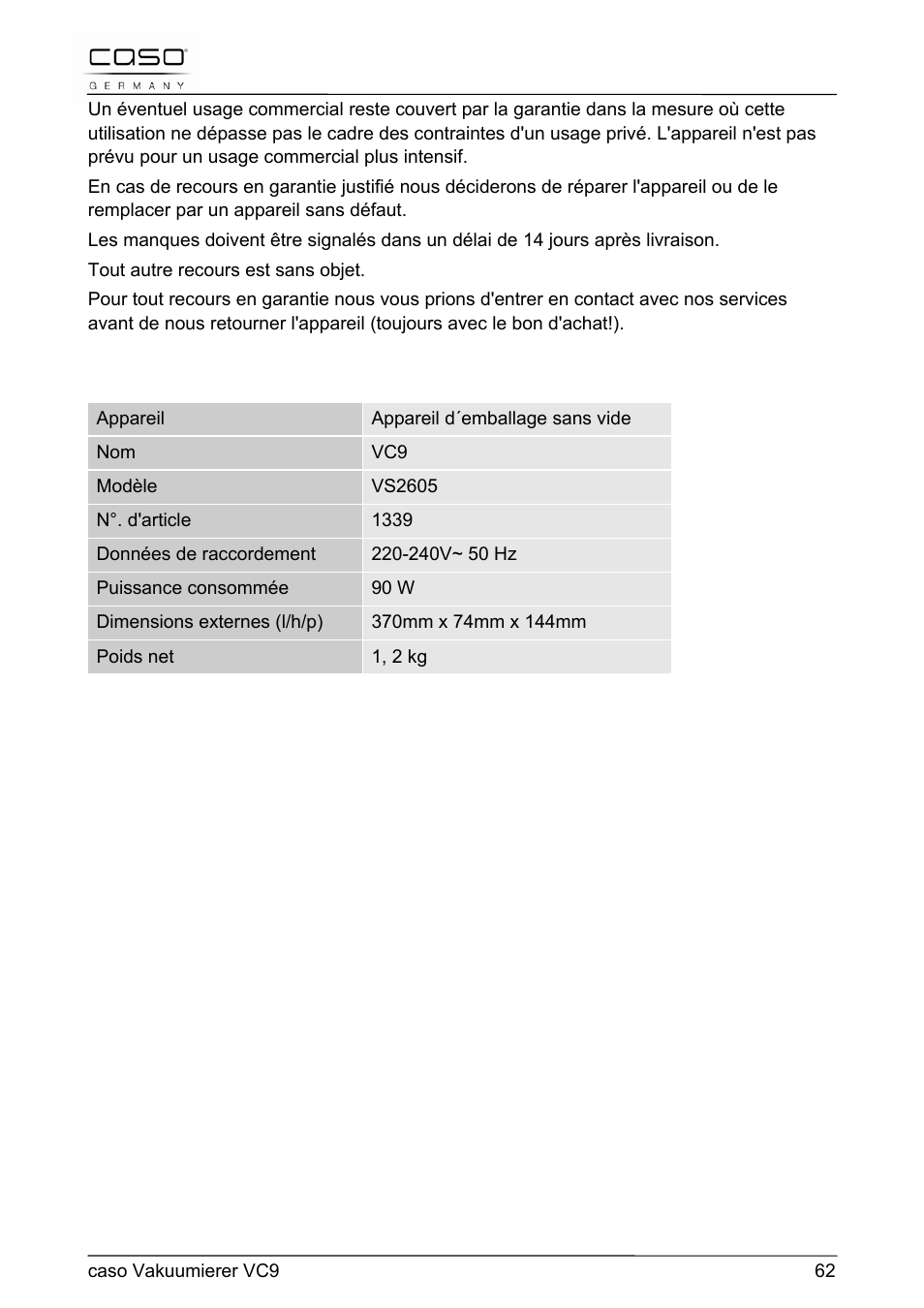 31 caractéristiques techniques | CASO Germany VC 9 Vacuum System User Manual | Page 62 / 114
