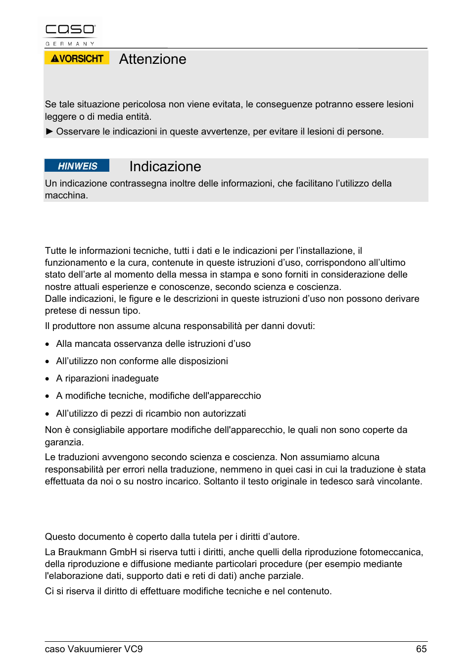 Attenzione, Indicazione | CASO Germany VC 9 Vacuum System User Manual | Page 65 / 114