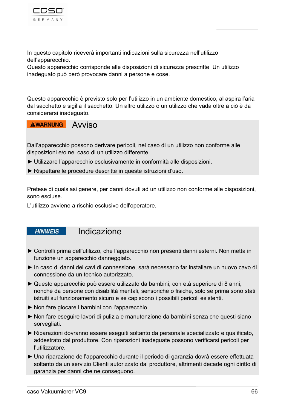 Avviso, Indicazione, 33 sicurezza | CASO Germany VC 9 Vacuum System User Manual | Page 66 / 114
