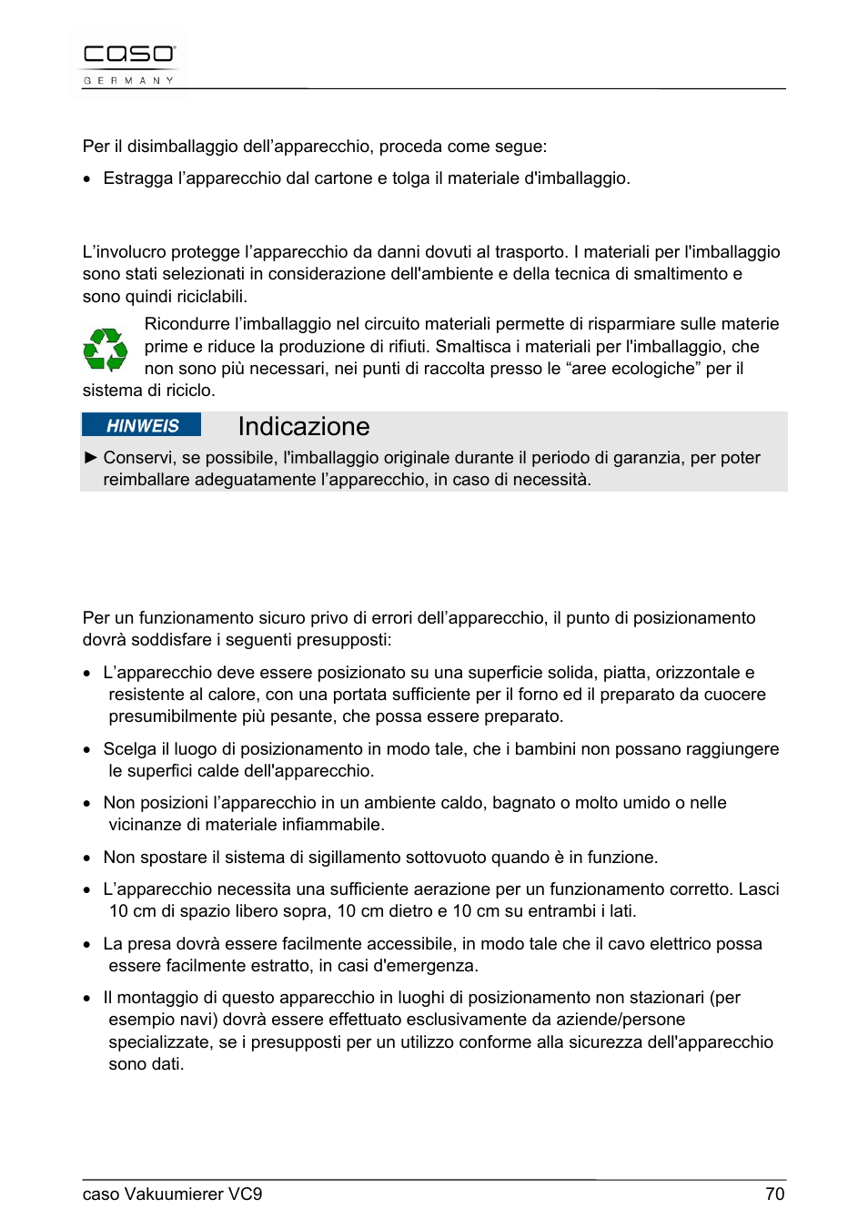 Indicazione | CASO Germany VC 9 Vacuum System User Manual | Page 70 / 114