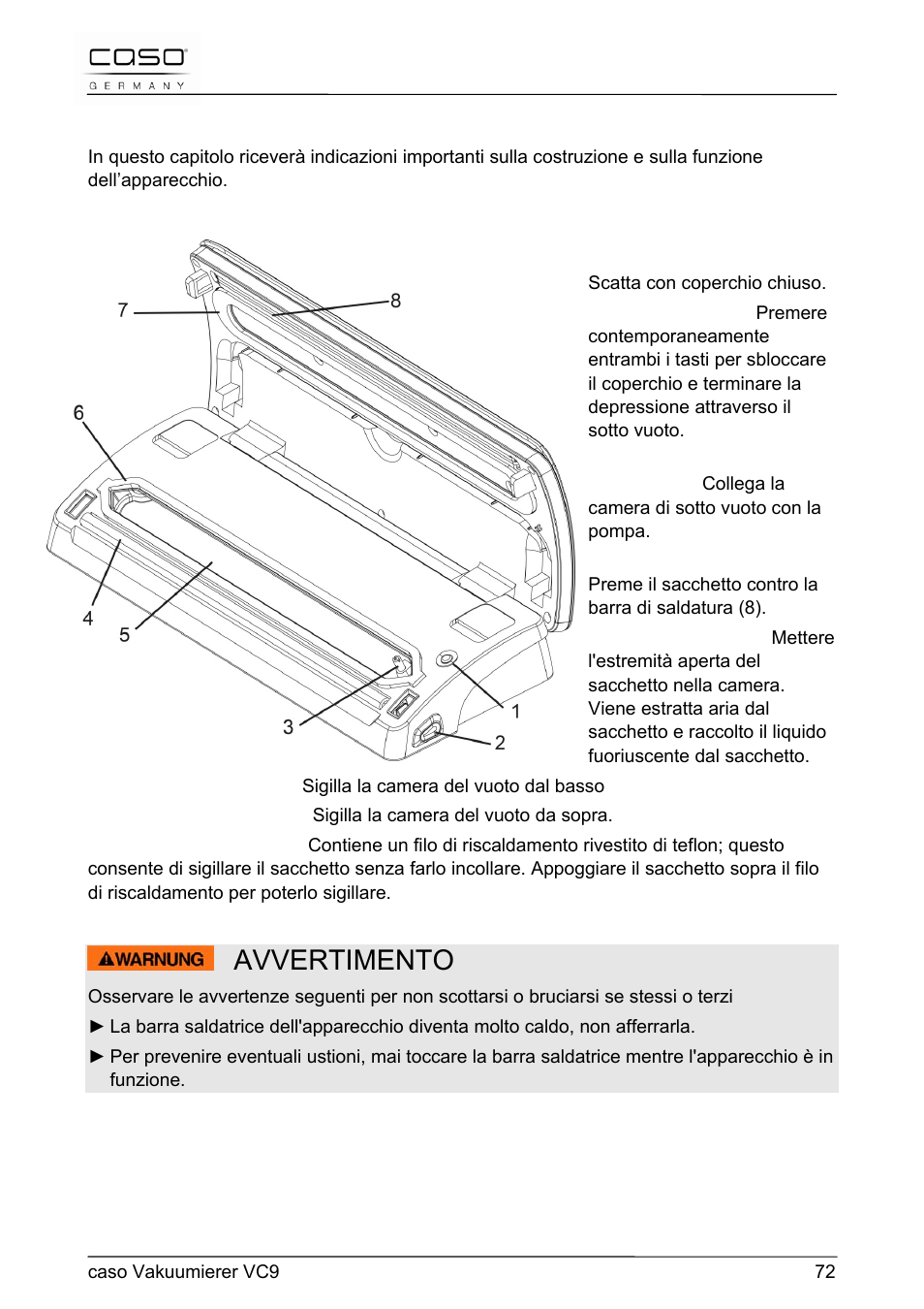 Avvertimento, 35 costruzione e funzione | CASO Germany VC 9 Vacuum System User Manual | Page 72 / 114
