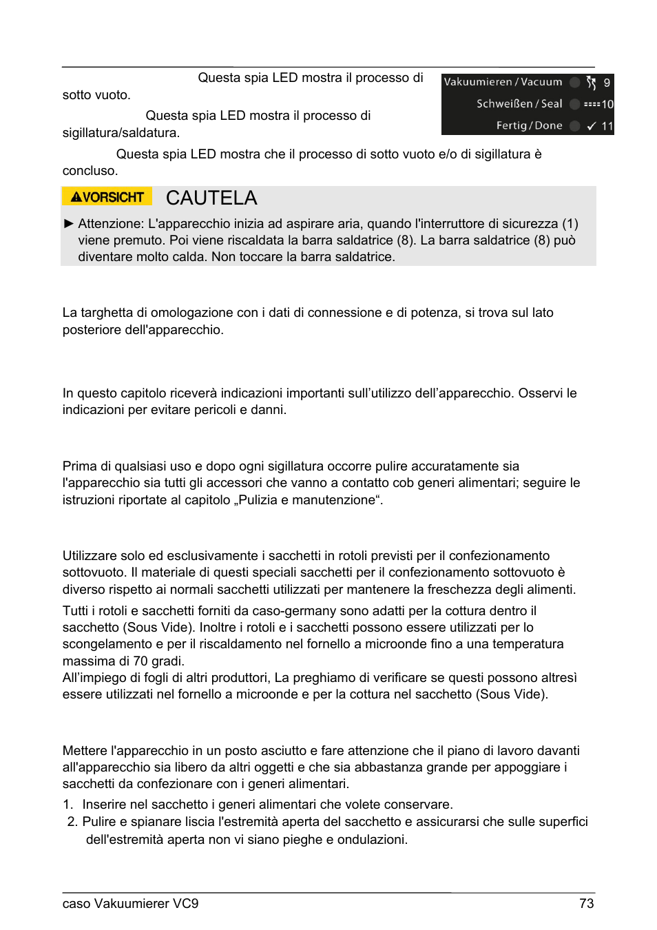 Cautela, 36 utilizzo e funzionamento | CASO Germany VC 9 Vacuum System User Manual | Page 73 / 114