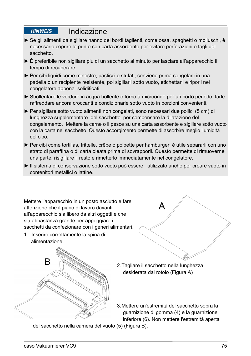 Indicazione | CASO Germany VC 9 Vacuum System User Manual | Page 75 / 114