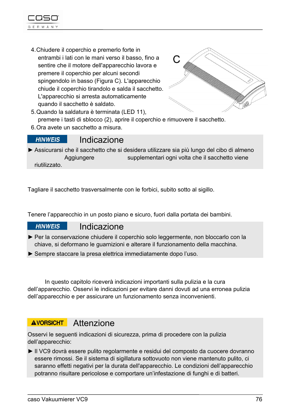 Indicazione, Attenzione, 37 pulizia e cura | CASO Germany VC 9 Vacuum System User Manual | Page 76 / 114