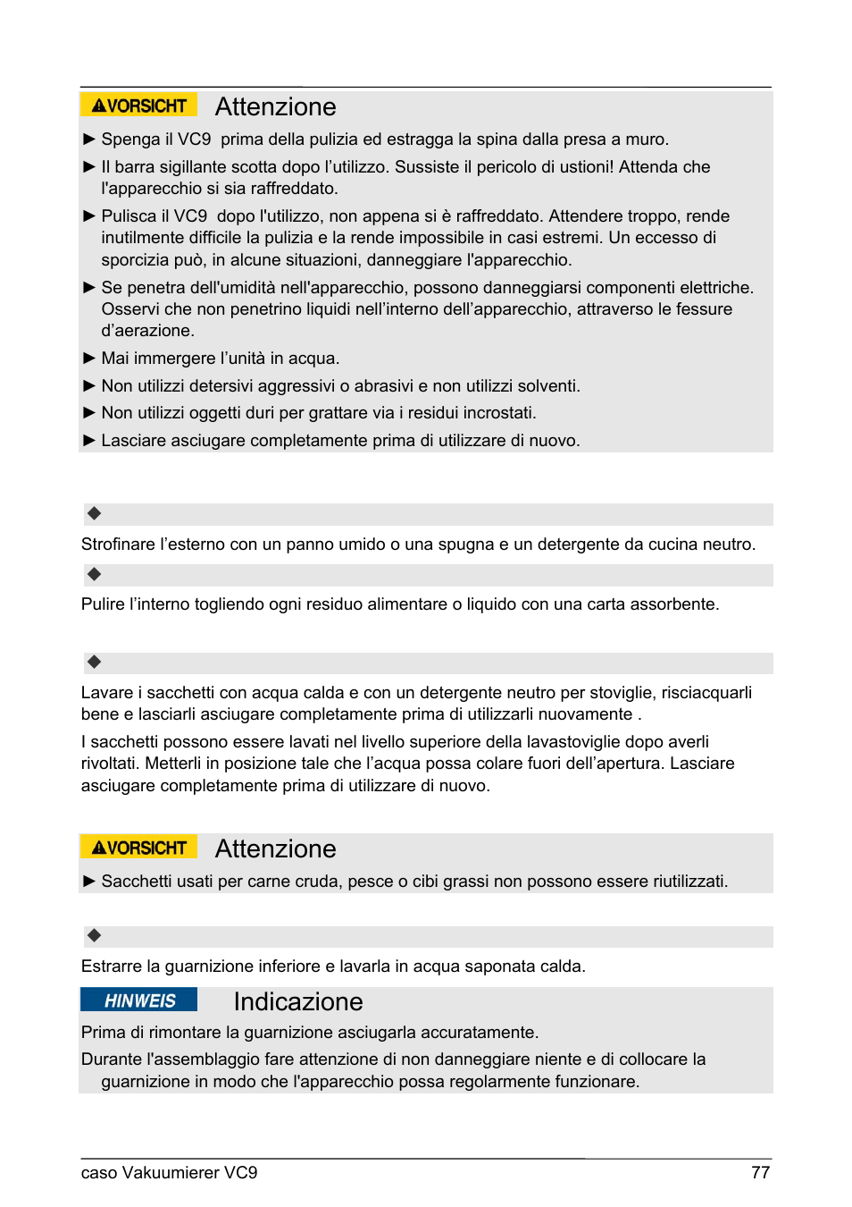 Attenzione, Indicazione | CASO Germany VC 9 Vacuum System User Manual | Page 77 / 114