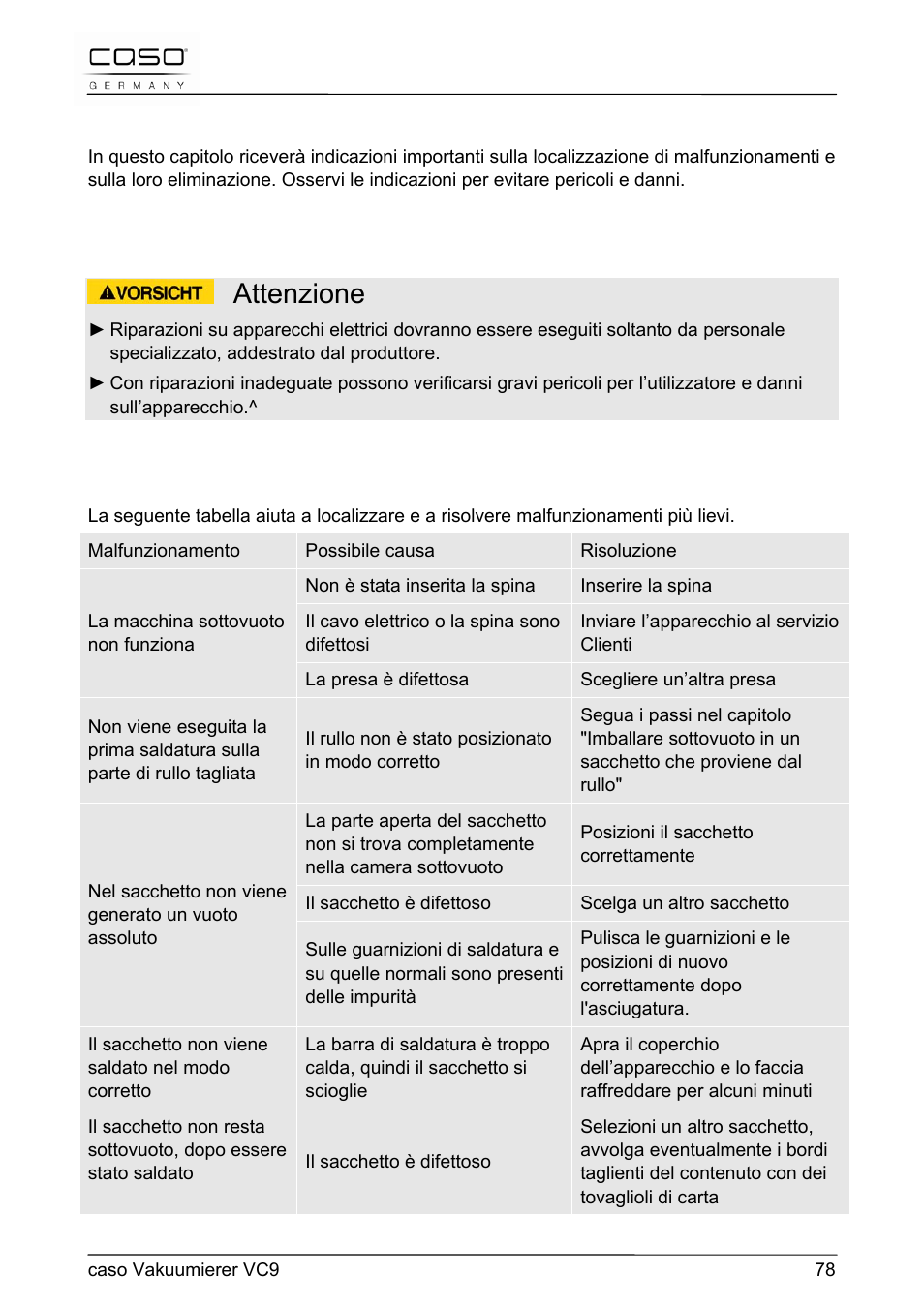 Attenzione, 38 eliminazione malfunzionamenti | CASO Germany VC 9 Vacuum System User Manual | Page 78 / 114