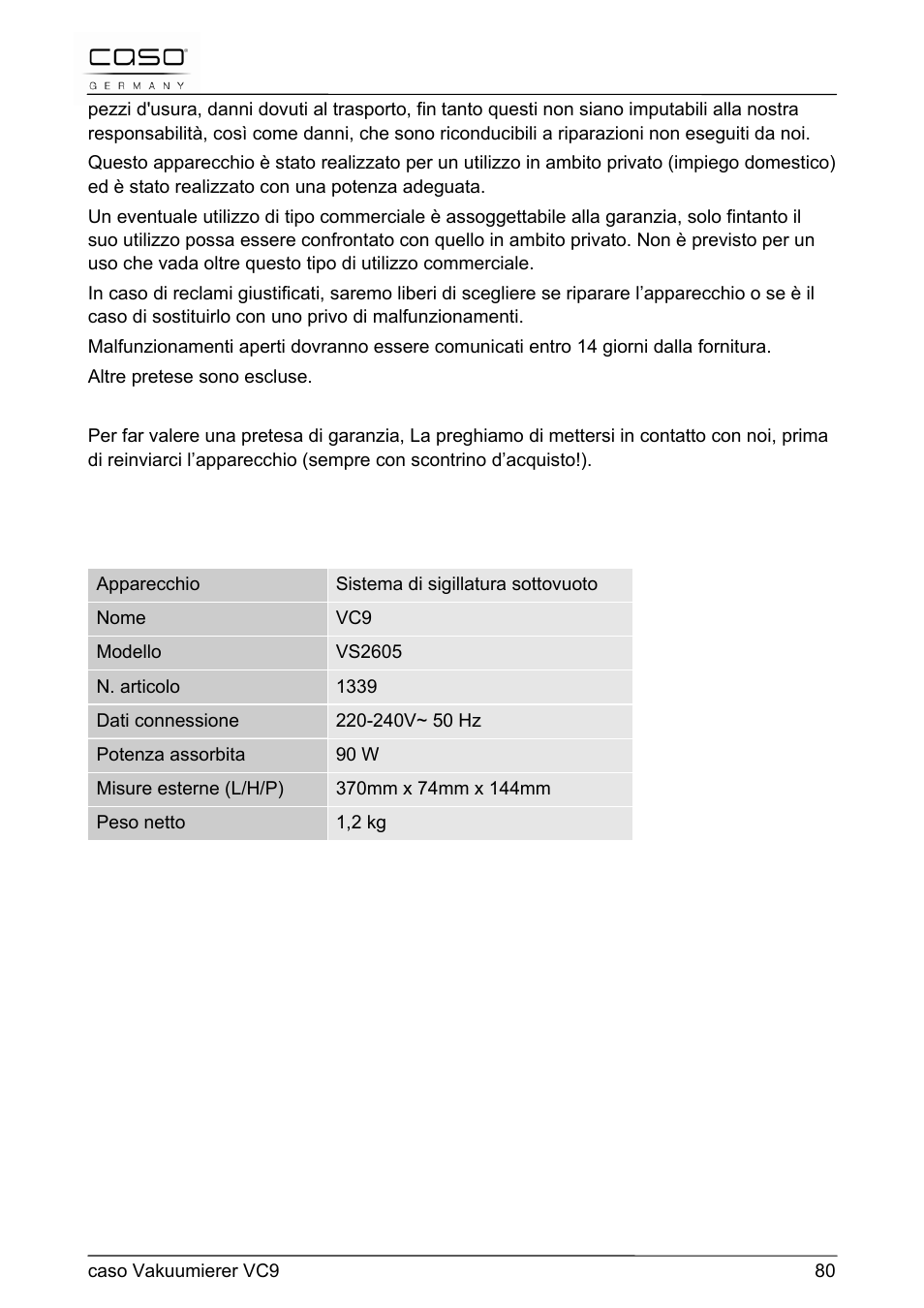 41 dati tecnici | CASO Germany VC 9 Vacuum System User Manual | Page 80 / 114
