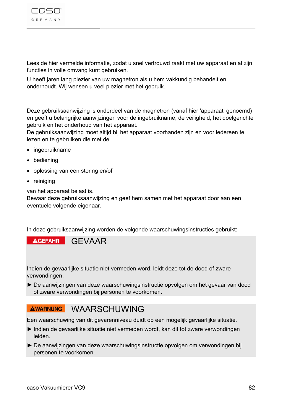 Gevaar, Waarschuwing, 42 gebruiksaanwijzing | CASO Germany VC 9 Vacuum System User Manual | Page 82 / 114