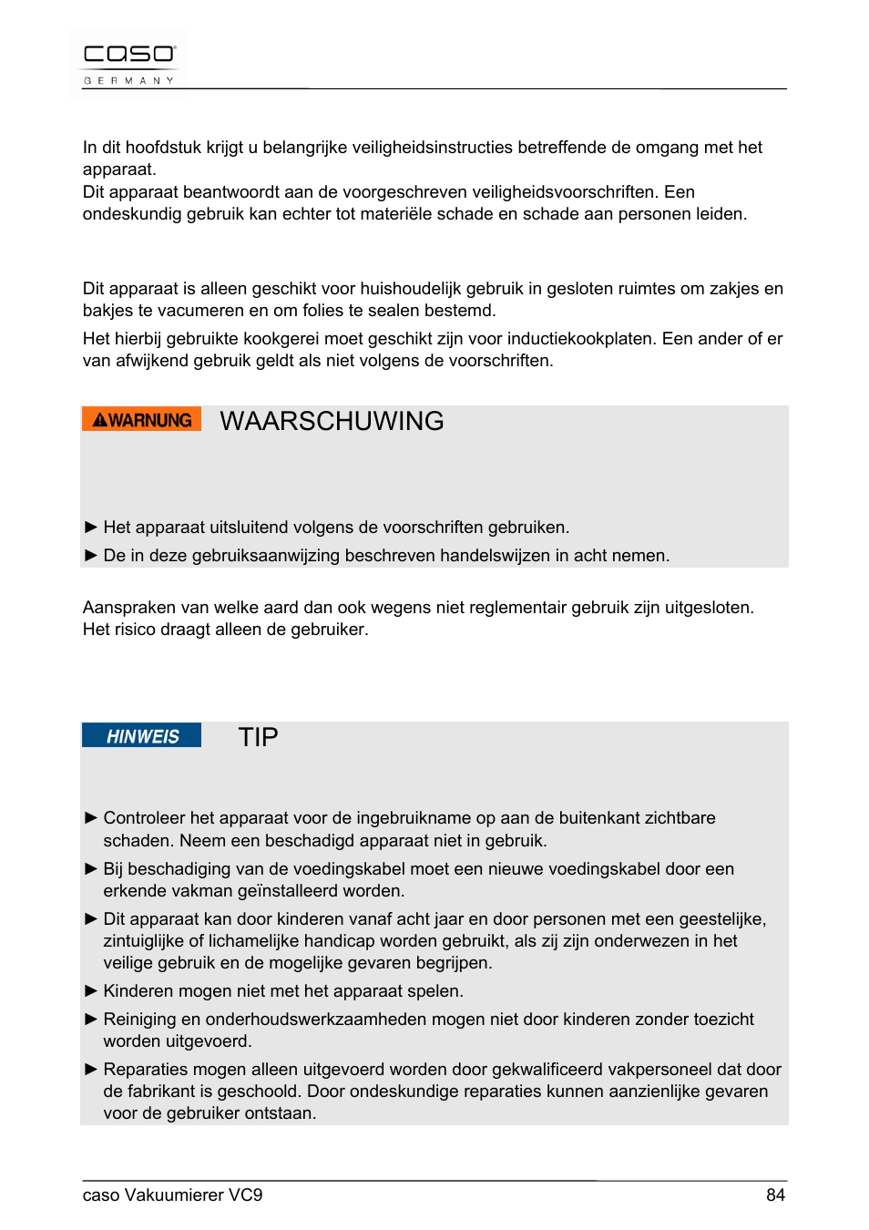 Waarschuwing, 43 veiligheid | CASO Germany VC 9 Vacuum System User Manual | Page 84 / 114