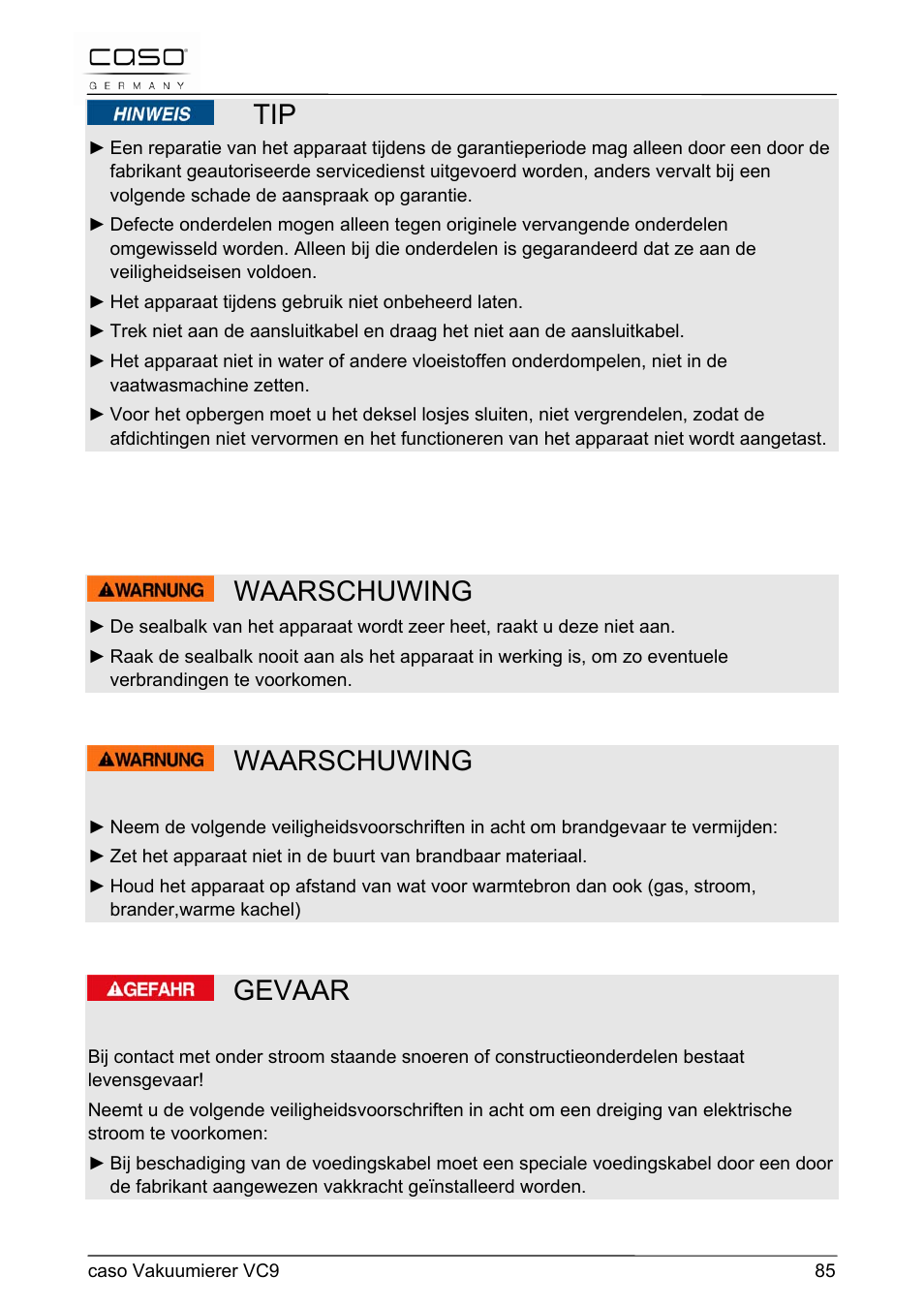 Waarschuwing, Gevaar | CASO Germany VC 9 Vacuum System User Manual | Page 85 / 114