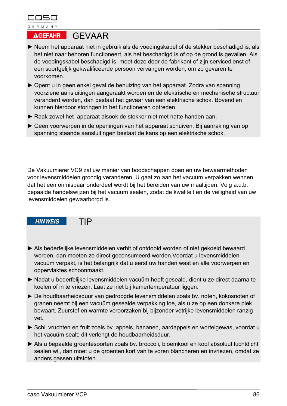Gevaar | CASO Germany VC 9 Vacuum System User Manual | Page 86 / 114