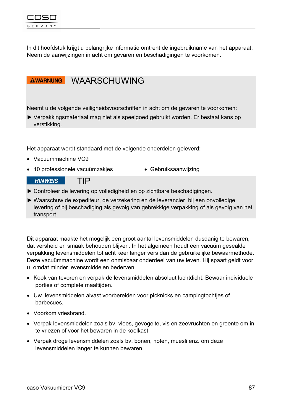 Waarschuwing, 45 ingebruikname | CASO Germany VC 9 Vacuum System User Manual | Page 87 / 114