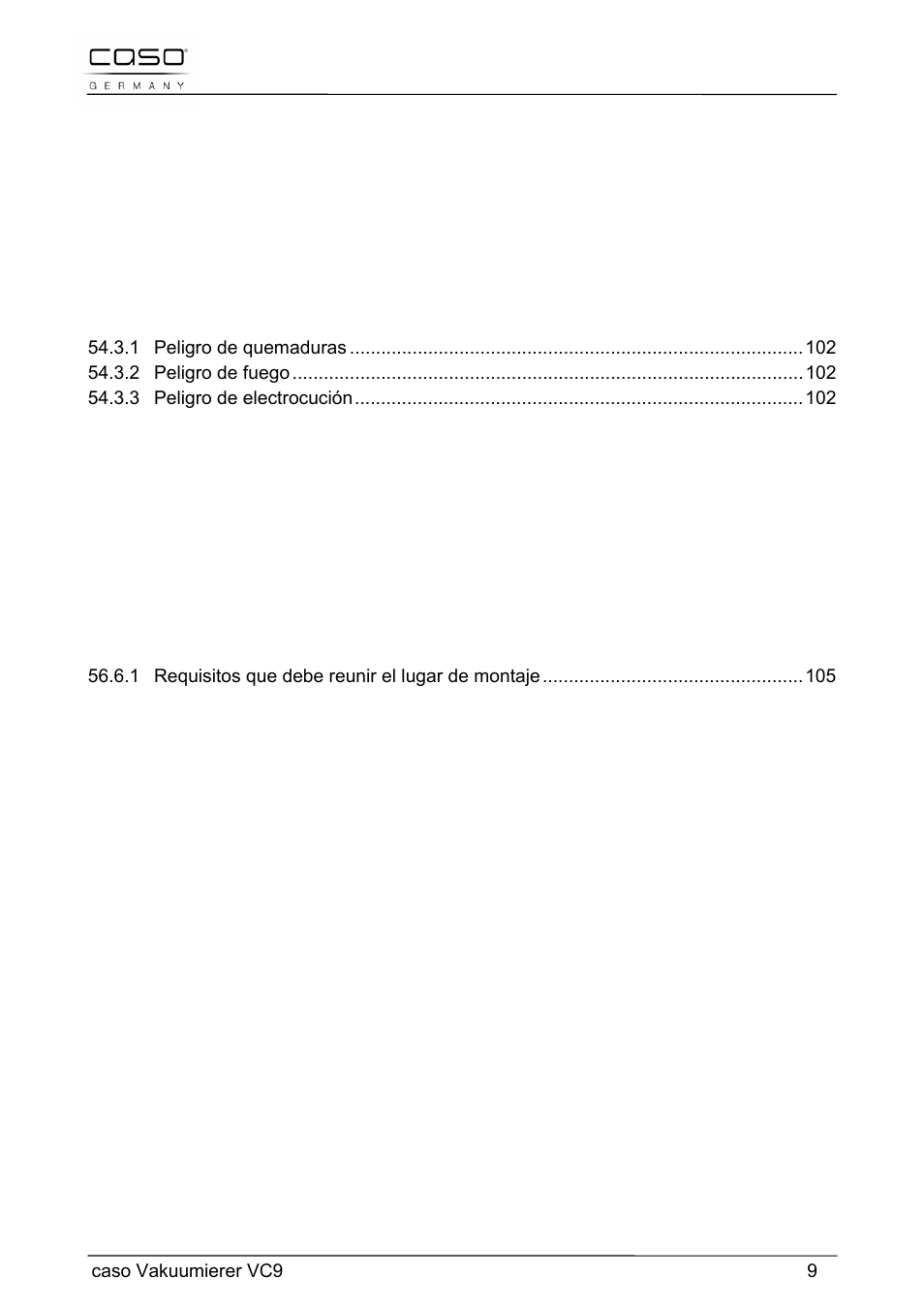 Seguridad, Puesta en marcha, Estructura y funciones | Operación y funcionamiento, Limpieza y conservación, Resolución de fallos | CASO Germany VC 9 Vacuum System User Manual | Page 9 / 114