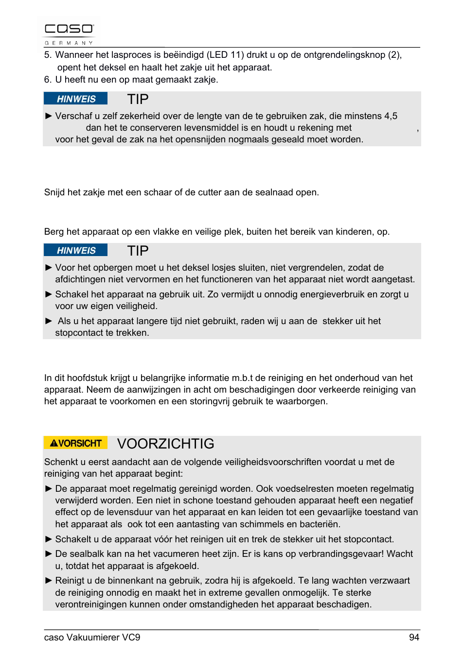 Voorzichtig, 48 reiniging en onderhoud | CASO Germany VC 9 Vacuum System User Manual | Page 94 / 114