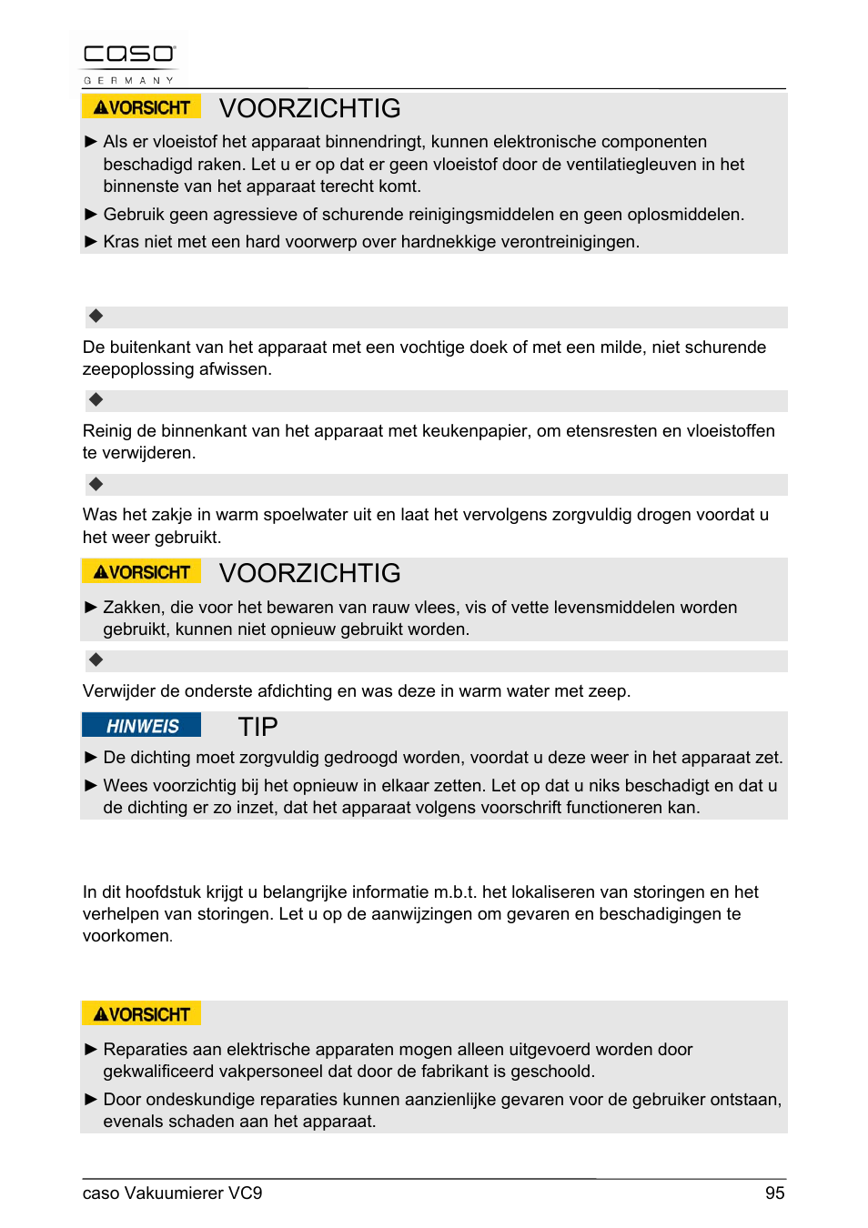 Voorzichtig, 49 storingen verhelpen | CASO Germany VC 9 Vacuum System User Manual | Page 95 / 114