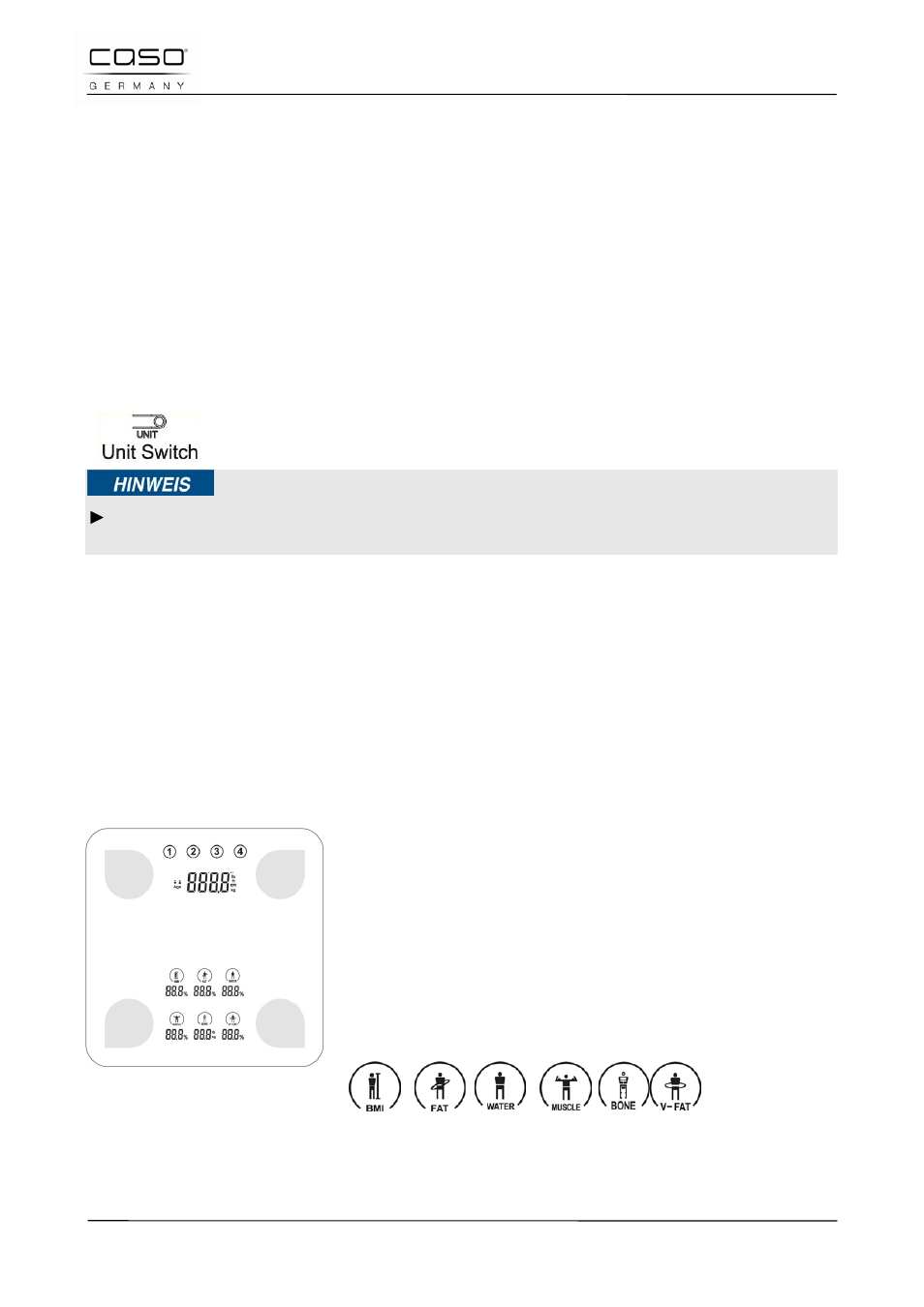 3 aufstellen des gerätes, 4 auswahl der gewichtseinheiten, 5 ein-schalten | 6 aus- schalten, 7 bedienfelder und digitales display | CASO Germany BF4 User Manual | Page 21 / 82