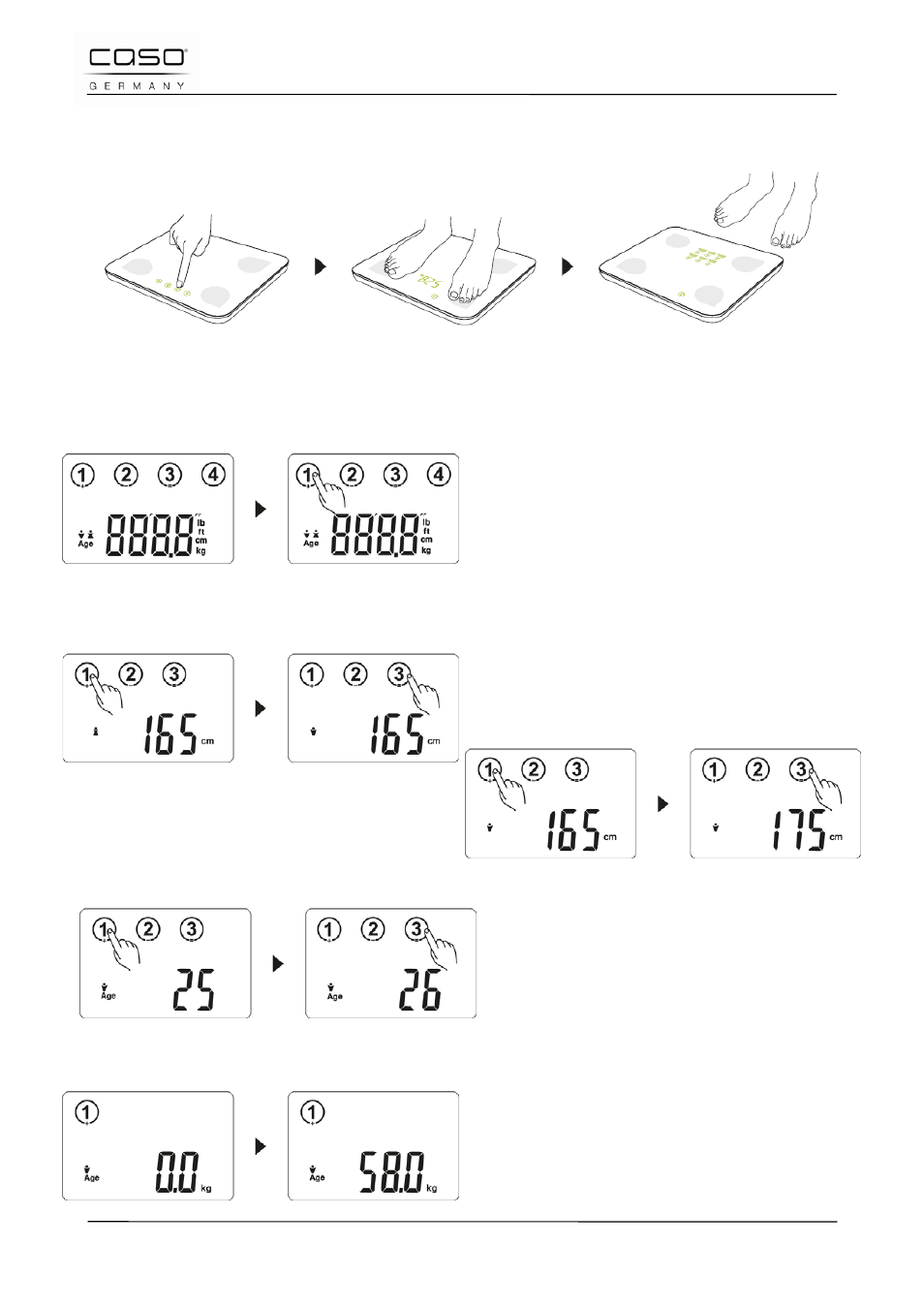 8 “ein-tasten”betrieb zur schnellmessung, 9 grund- einstellungen, 10 wiegen und messen | CASO Germany BF4 User Manual | Page 22 / 82