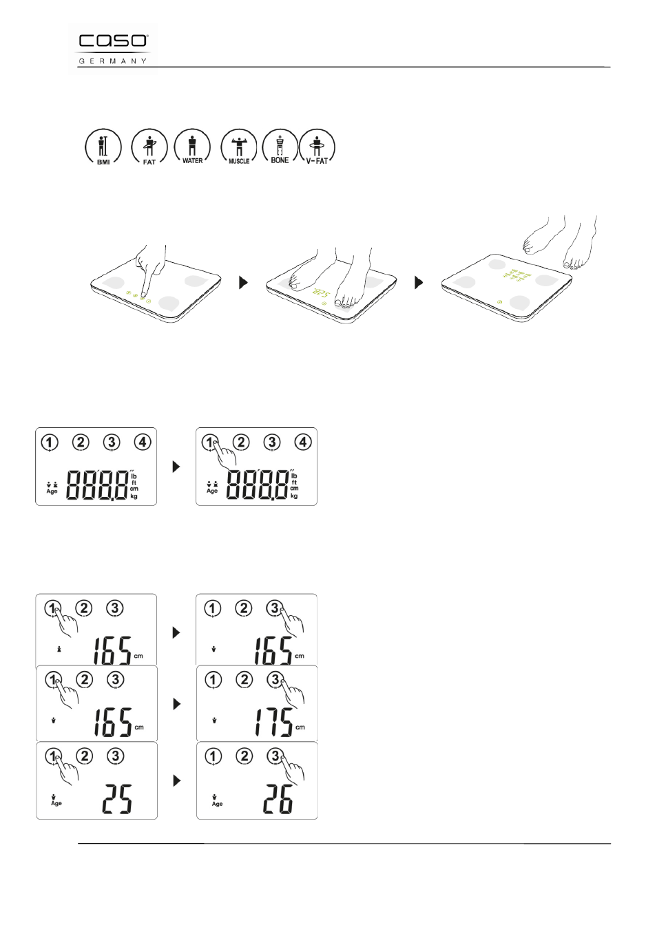 8 mode "une touche" pour pesée rapide, 9 réglages de base | CASO Germany BF4 User Manual | Page 36 / 82