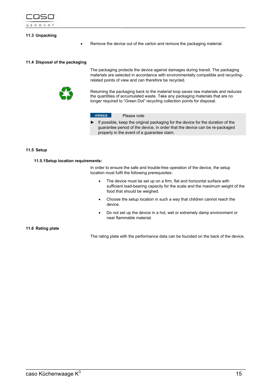 Caso küchenwaage k | CASO Germany Scale K3 User Manual | Page 15 / 38