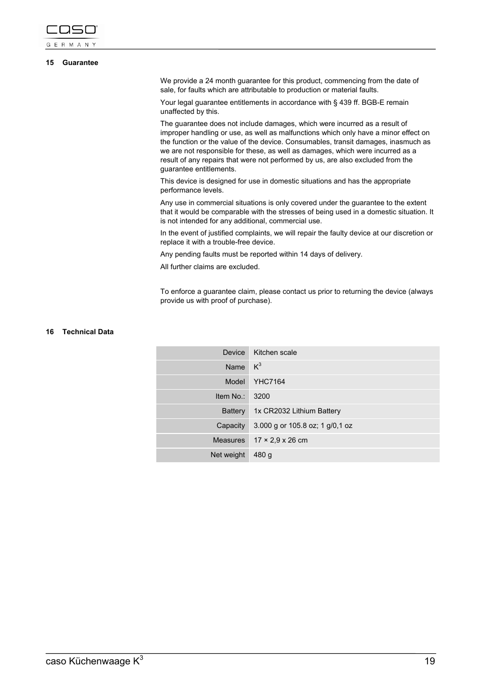 Caso küchenwaage k | CASO Germany Scale K3 User Manual | Page 19 / 38