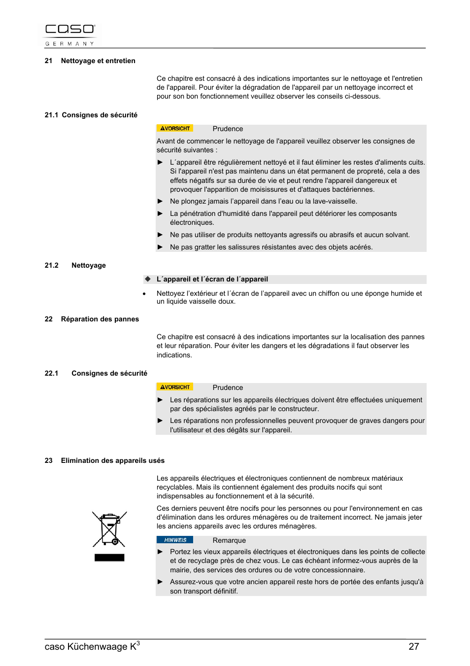 Caso küchenwaage k | CASO Germany Scale K3 User Manual | Page 27 / 38