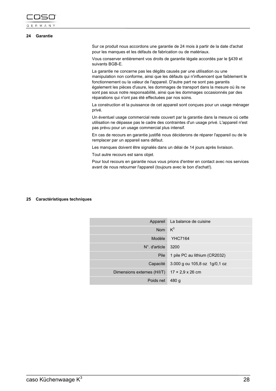 Caso küchenwaage k | CASO Germany Scale K3 User Manual | Page 28 / 38