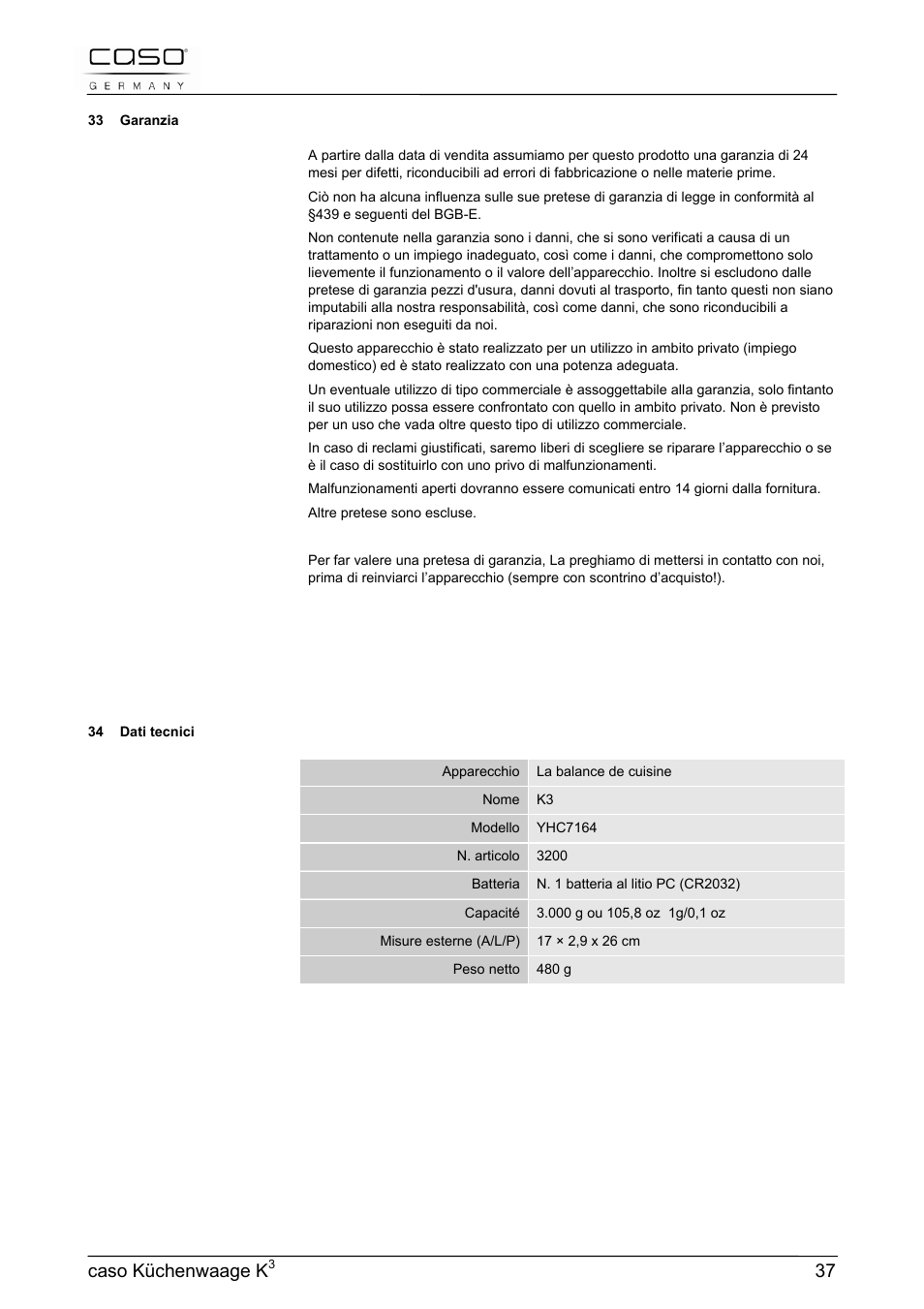 Caso küchenwaage k | CASO Germany Scale K3 User Manual | Page 37 / 38