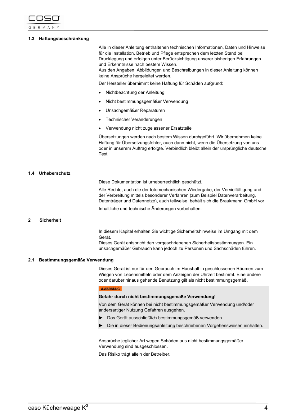 Caso küchenwaage k | CASO Germany Scale K3 User Manual | Page 4 / 38