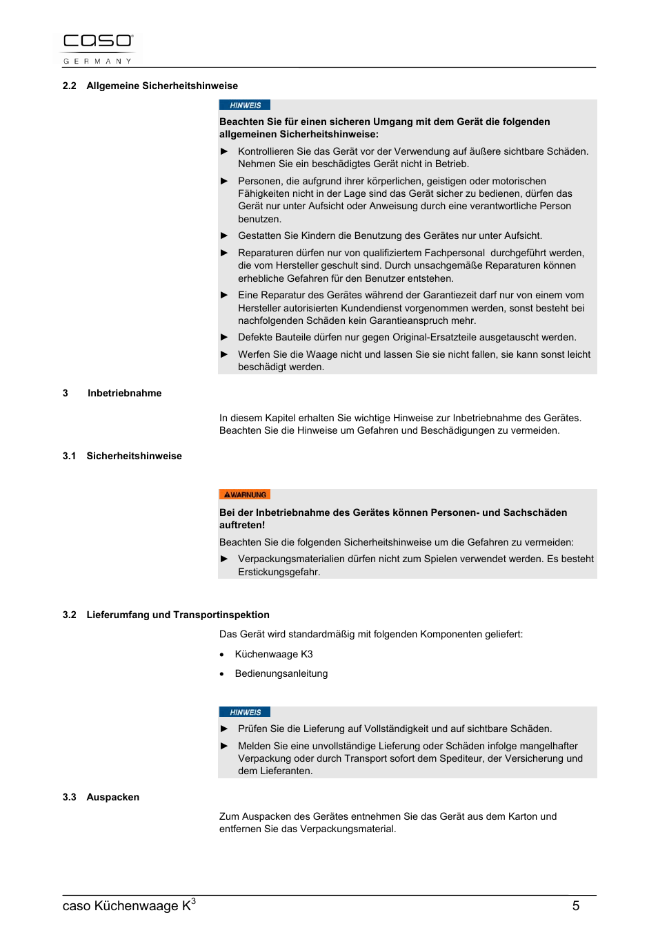 Caso küchenwaage k | CASO Germany Scale K3 User Manual | Page 5 / 38