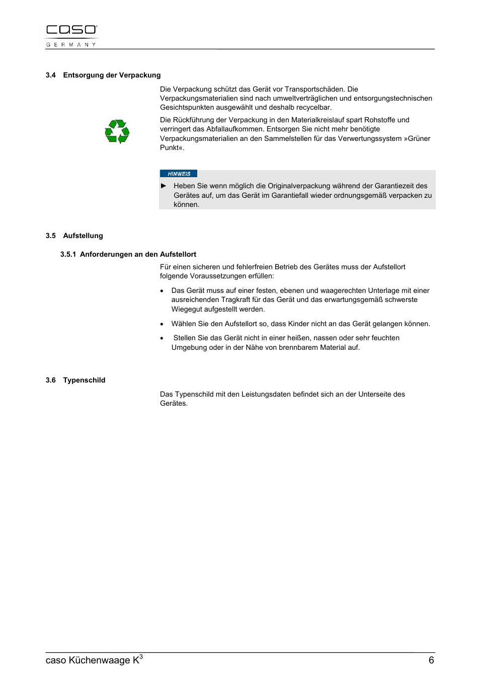 Caso küchenwaage k | CASO Germany Scale K3 User Manual | Page 6 / 38