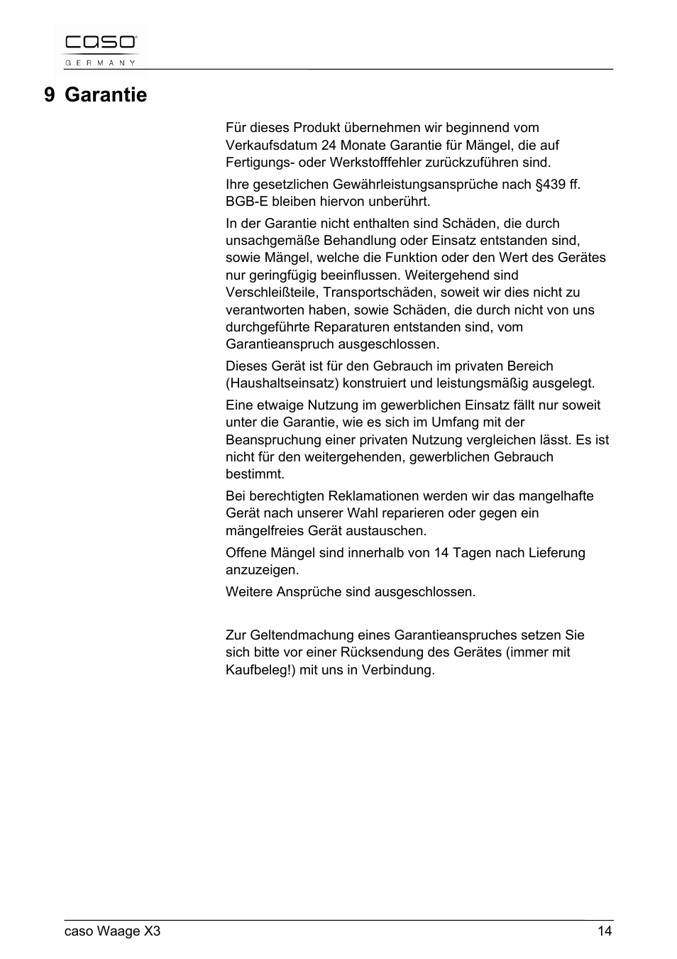 9 garantie | CASO Germany Scale X3 User Manual | Page 14 / 51