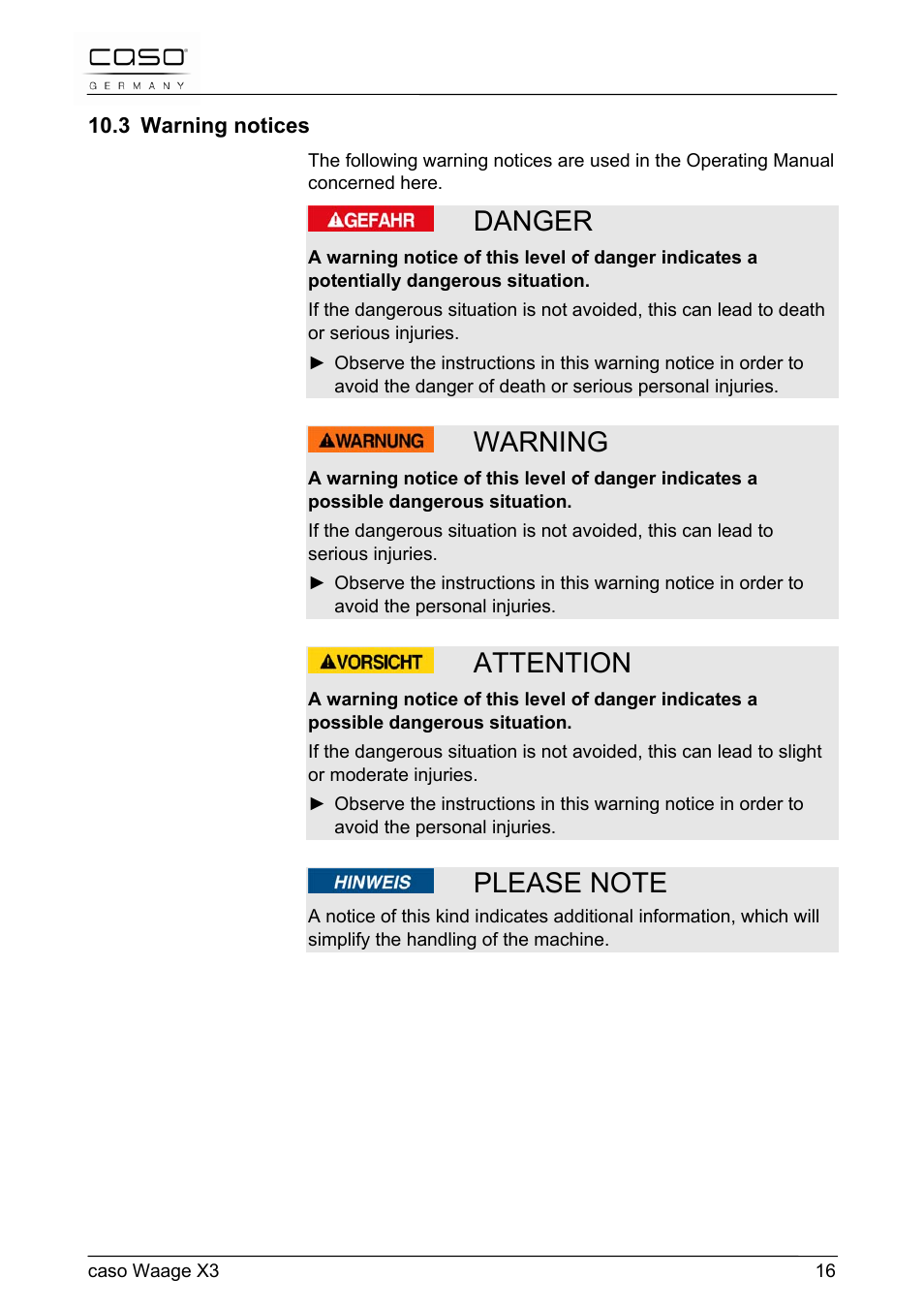 Danger, Warning, Attention | CASO Germany Scale X3 User Manual | Page 16 / 51