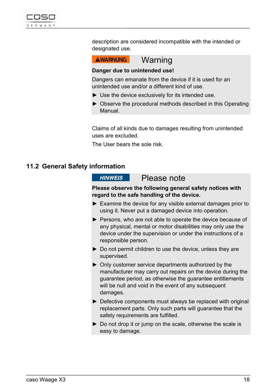 Warning | CASO Germany Scale X3 User Manual | Page 18 / 51