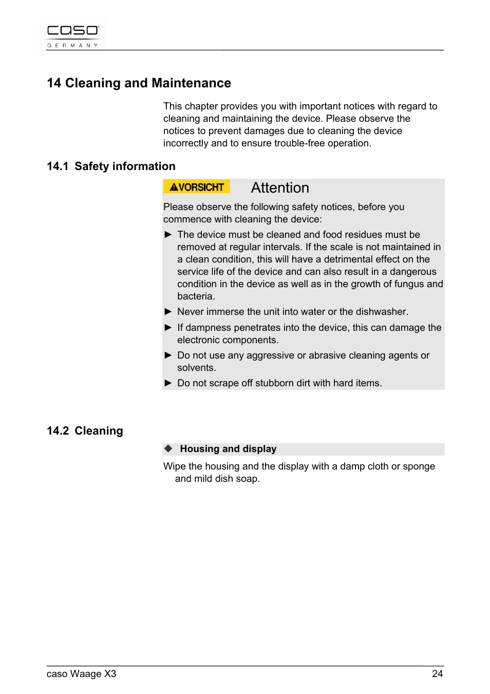 Attention, 14 cleaning and maintenance | CASO Germany Scale X3 User Manual | Page 24 / 51