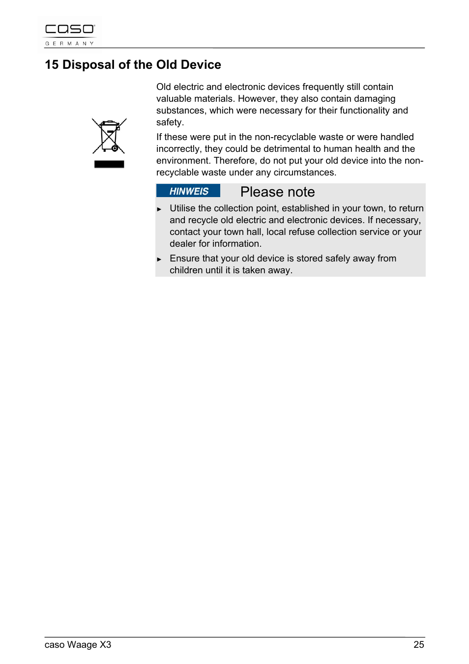 15 disposal of the old device | CASO Germany Scale X3 User Manual | Page 25 / 51