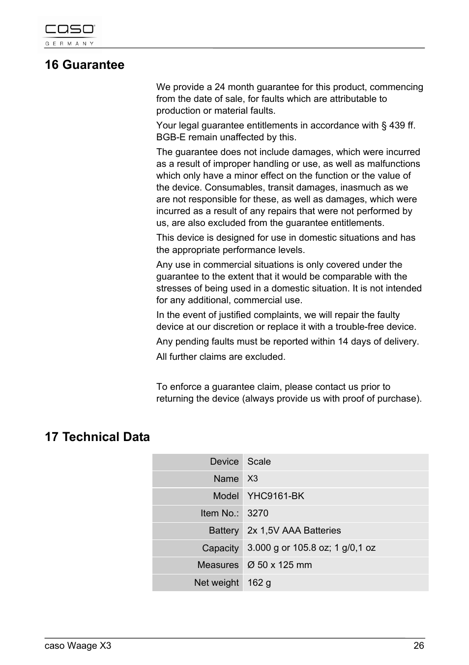 16 guarantee, 17 technical data | CASO Germany Scale X3 User Manual | Page 26 / 51