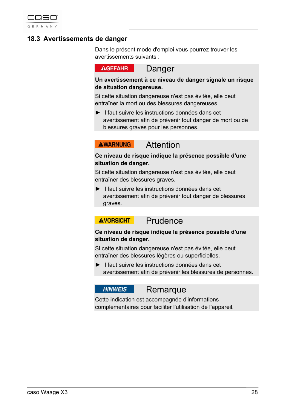Danger, Attention, Prudence | Remarque | CASO Germany Scale X3 User Manual | Page 28 / 51