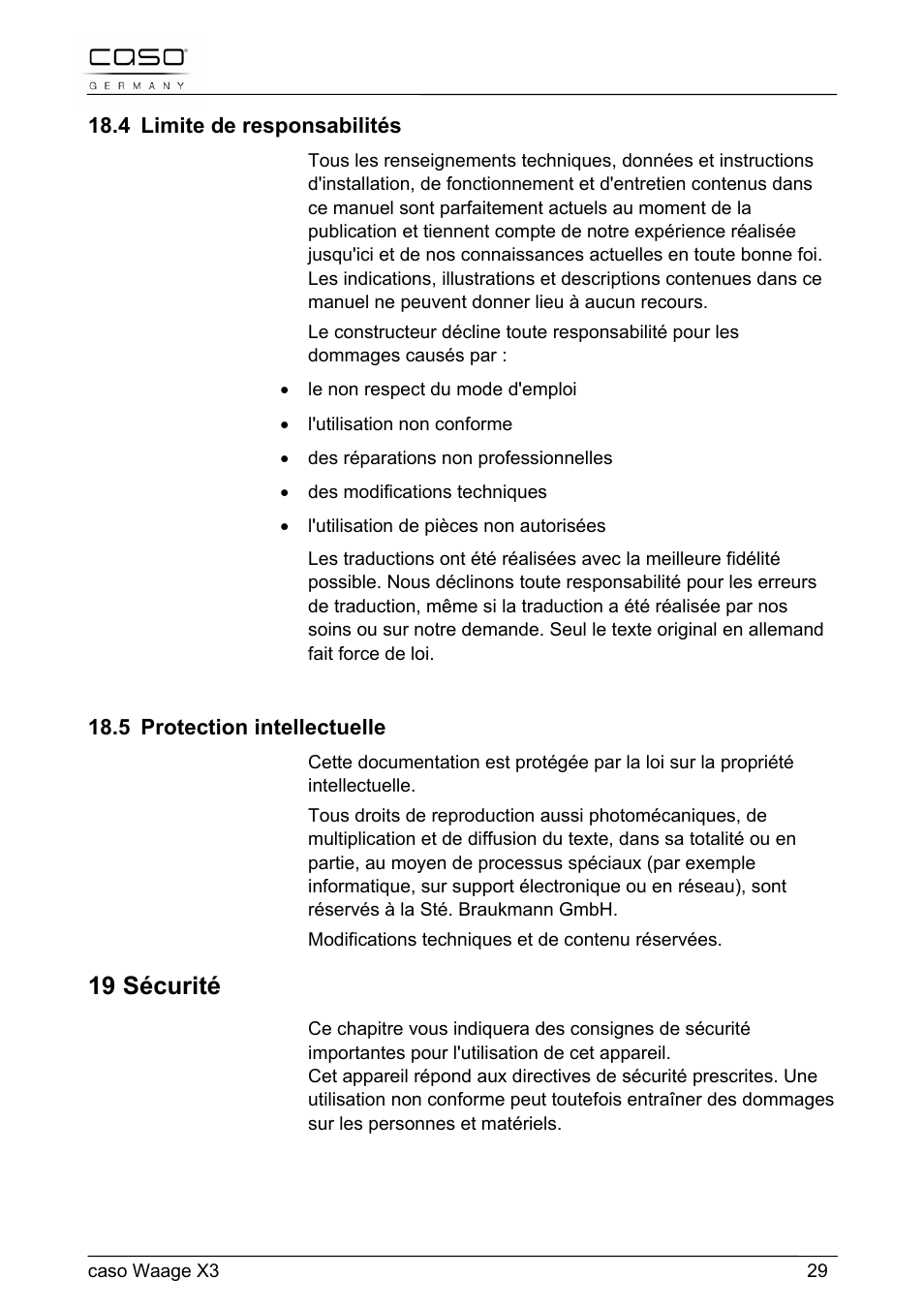 19 sécurité | CASO Germany Scale X3 User Manual | Page 29 / 51