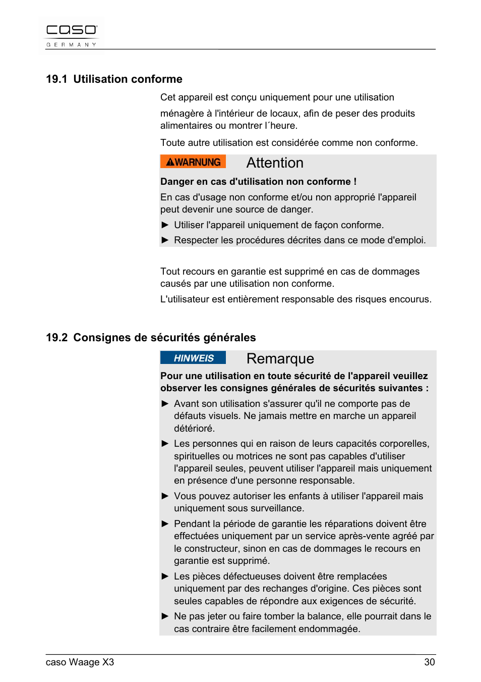 Attention, Remarque | CASO Germany Scale X3 User Manual | Page 30 / 51
