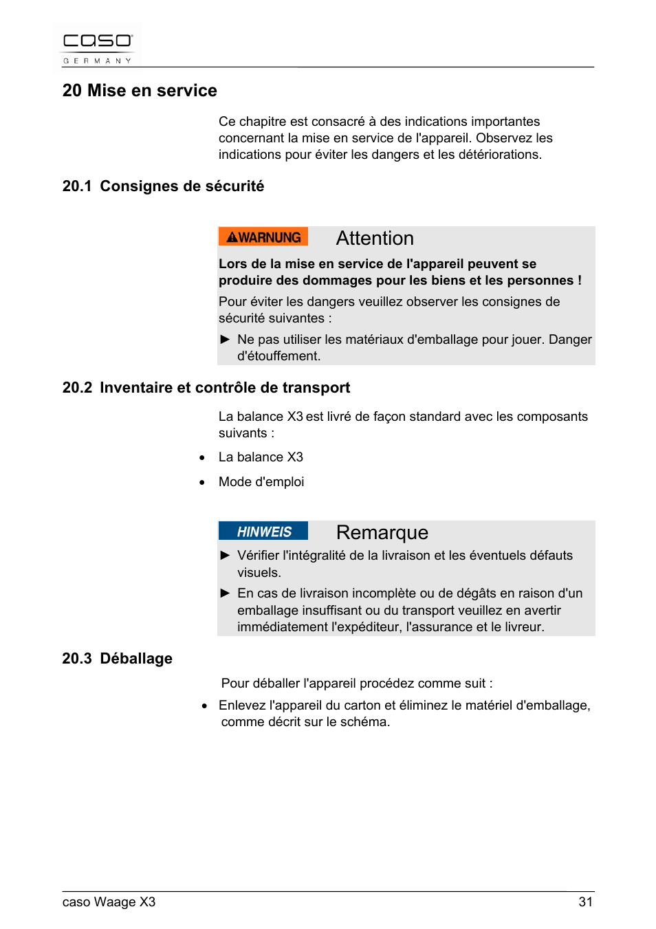 Attention, Remarque, 20 mise en service | CASO Germany Scale X3 User Manual | Page 31 / 51