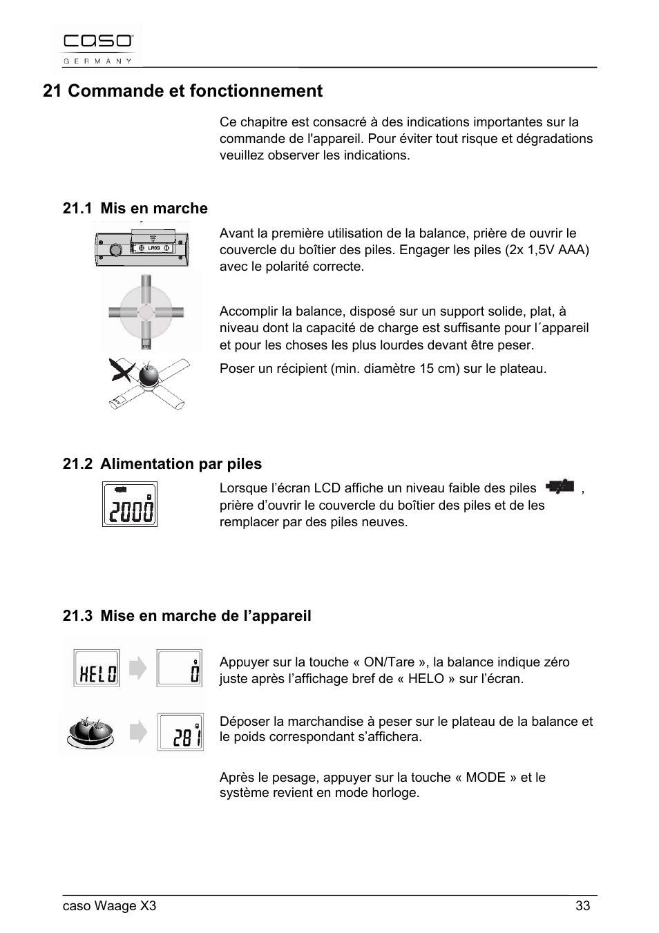 21 commande et fonctionnement, 1 mis en marche, 2 alimentation par piles | 3 mise en marche de l’appareil | CASO Germany Scale X3 User Manual | Page 33 / 51