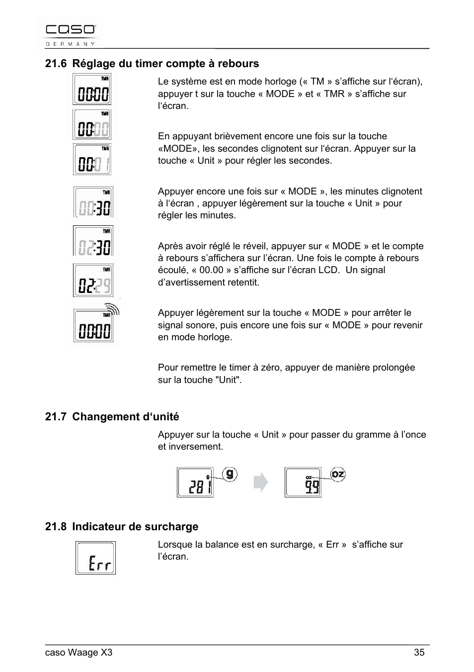 6 réglage du timer compte à rebours, 7 changement d‘unité, 8 indicateur de surcharge | CASO Germany Scale X3 User Manual | Page 35 / 51