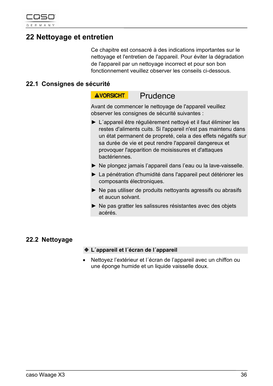 Prudence, 22 nettoyage et entretien | CASO Germany Scale X3 User Manual | Page 36 / 51