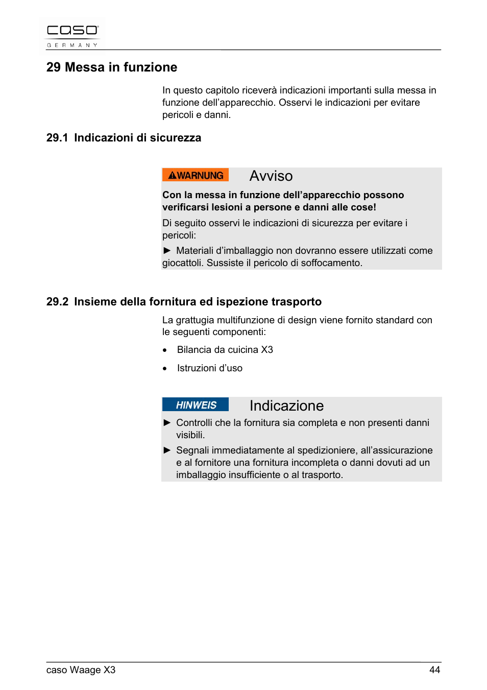 Avviso, Indicazione, 29 messa in funzione | CASO Germany Scale X3 User Manual | Page 44 / 51